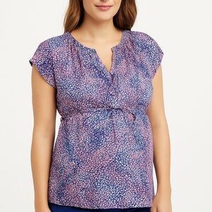Motherhood Maternity Small Petite Pink and Blue Patterned Blouse Top With Tie